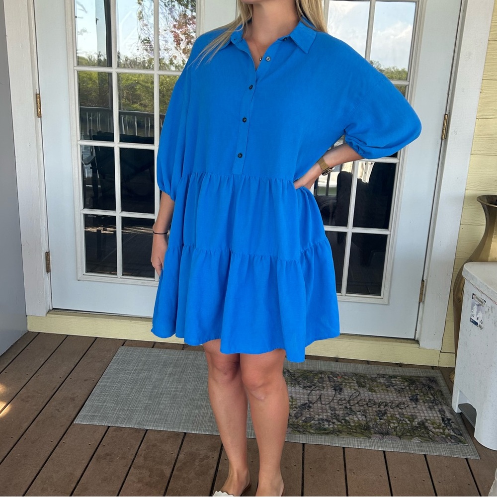 Blue Tiered Buttoned Collared Dress